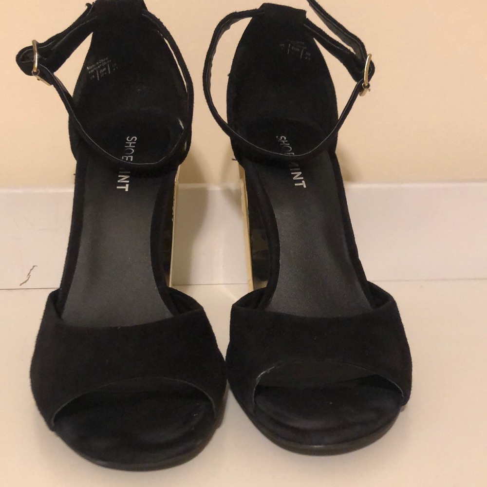 Black Suede open toe heels with chunky gold platform heel